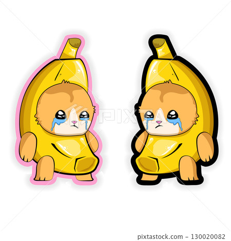 Banana Cat meme sticker vector isolated on white background. Funky crying Sad banana cat meme cartoon vector sticker, label and icon for printing on t shirt 130020082