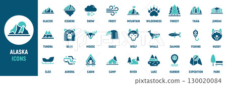 Alaska icon set. Containing glacier, iceberg, snow, mountain, bear, moose, eagle, whale, salmon, husky and more. Solid vector icons collection 130020084