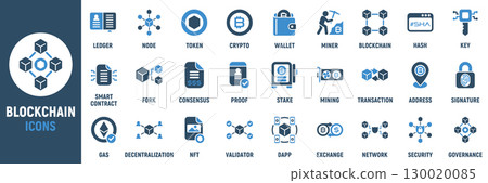 Blockchain icon set. Containing ledger, token, wallet, crypto, mining, block, chain, key, security, exchange and more. Vector icons collection 130020085