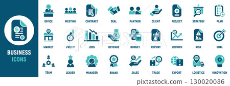 Business icon set. Containing office, meeting, contract, deal, partner, client, strategy, profit, report, growth and more. Solid vector icons collection Business icon set. Containing office, meeting, contract, deal, partner, client, strategy, profit, report, growth and more. Solid vector icons collection 130020086
