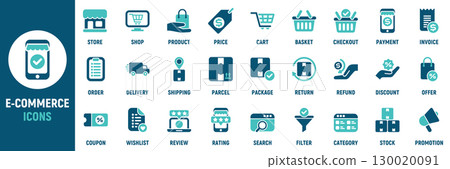 E-commerce icon set. Containing store, cart, basket, checkout, payment, invoice, delivery, order, package, discount and more. Vector icons collection 130020091