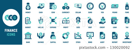 Finance icon set. Containing money, cash, currency, budget, income, expense, profit, savings, wallet, bank and more. Solid vector icons collection 130020092