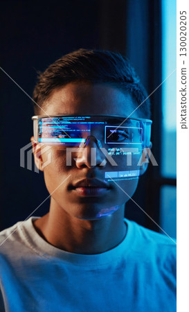 Young Asian man male with futuristic ar glasses displaying tech interface 130020205