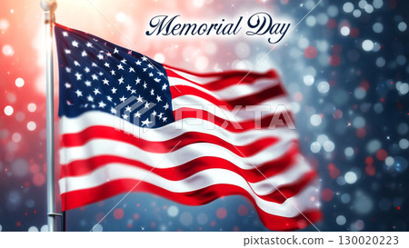 American flag waving with memorial day text on sparkling background 130020223