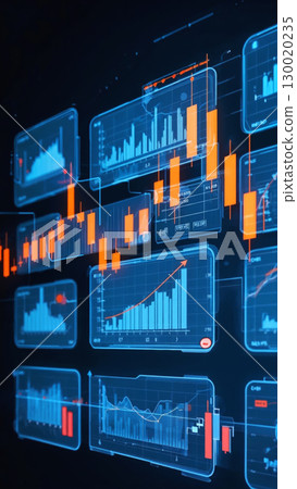 Dynamic financial data on digital screens with rising stock market trends 130020235
