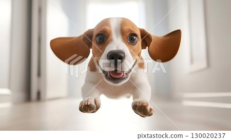Energetic beagle puppy dog joyfully running indoors with floppy ears and playful expression 130020237