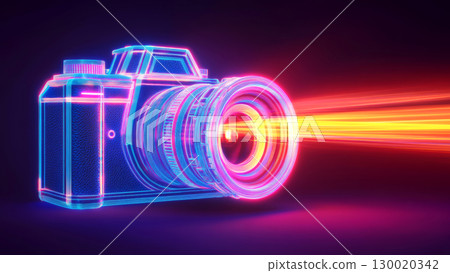 Retro neon camera with vibrant light trail in dark digital space 130020342