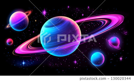 Vibrant cosmic scene with colorful planets and rings amidst stars 130020344