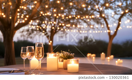 Enchanting evening outdoor setting with string lights and candles Enchanting evening outdoor setting with string lights and candles 130020361