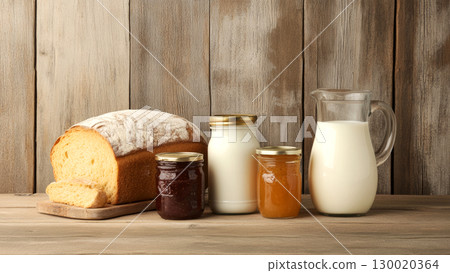 Rustic breakfast setting with fresh bread and dairy products on wooden table 130020364