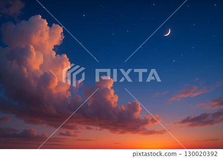 A crescent moon and clouds in the sunset sky 130020392