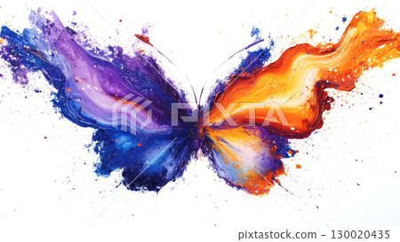 Vibrant abstract butterfly with splashes of purple and orange paint on white canvas Vibrant abstract butterfly with splashes of purple and orange paint on white canvas 130020435