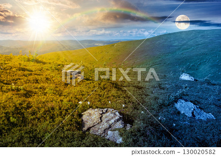mountain landscape in summer. day and night time change concept. beautiful view of rolling green hills and alpine meadows with sun and moon. scenery with clouds on sky. scenic nature background mountain landscape in summer. day and night time change concept. beautiful view of rolling green hills and alpine meadows with sun and moon. scenery with clouds on sky. scenic nature background 130020582