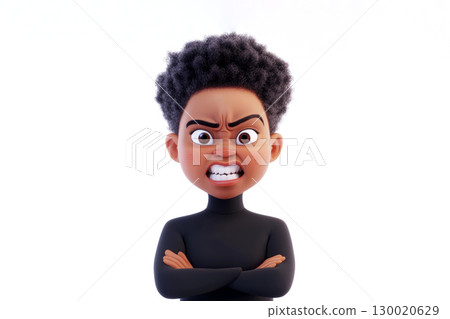 Angry kid cartoon character crossing arms showing teeth and frowning Angry kid cartoon character crossing arms showing teeth and frowning 130020629