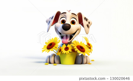 Happy dog cartoon character joyfully playing with bright yellow sunflowers on white background 130020646