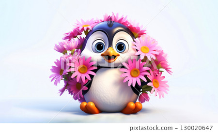 Cute happy penguin cartoon character joyfully nestled among vibrant pink flowers on white background 130020647
