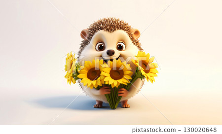 Cheerful happy smiling hedgehog cartoon character holds a bouquet of sunflowers on white background 130020648