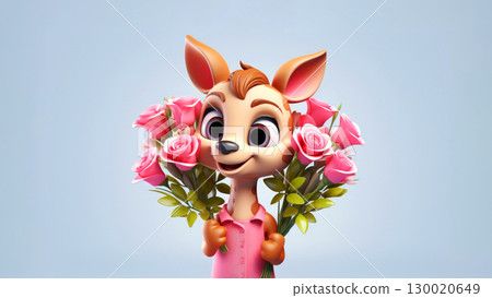 Cheerful happy deer cartoon character presenting pink roses on a light blue background 130020649