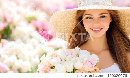 Young caucasian female woman smiling in sun hat holding roses in a vibrant flower garden 130020676