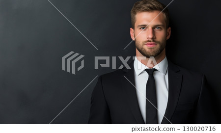 Young caucasian male man in formal black suit standing against dark background 130020716