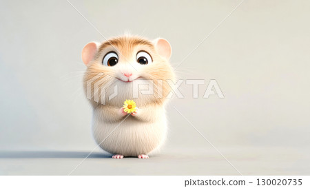 Adorable hamster cartoon character holding yellow flower on light background 130020735