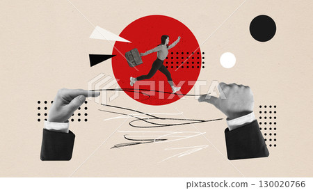 Group holds giant glowing light bulb in surreal teamwork collage with red and black elements 130020766