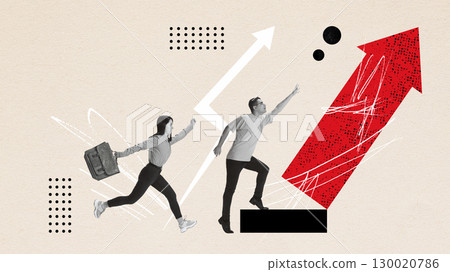 Graphic collage with two business people chasing giant red arrow toward success Graphic collage with two business people chasing giant red arrow toward success 130020786