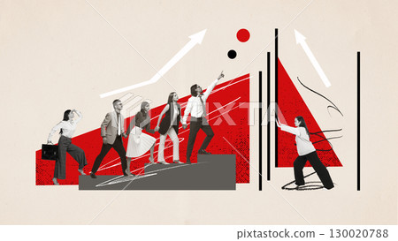 Creative digital artwork. Team of business professionals climbing steps toward progress with arrows upward Creative digital artwork. Team of business professionals climbing steps toward progress with arrows upward 130020788