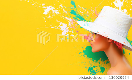 Woman in white hat with colorful splashes on yellow background 130020954