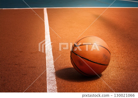 Basketball Rests on Court During Warm Afternoon Sunlight. Generative AI 130021066