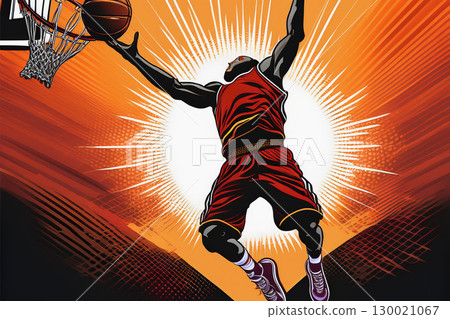 A Basketball Player Performs a Dynamic Jump Shot During a Competitive Game at Sunset 130021067