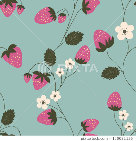 Seamless pattern with strawberry on color background. Natural delicious fresh ripe tasty fruit. Vector illustration for print, fabric, textile, banner, other design. Food concept Seamless pattern with strawberry on color background. Natural delicious fresh ripe tasty fruit. Vector illustration for print, fabric, textile, banner, other design. Food concept 130021136