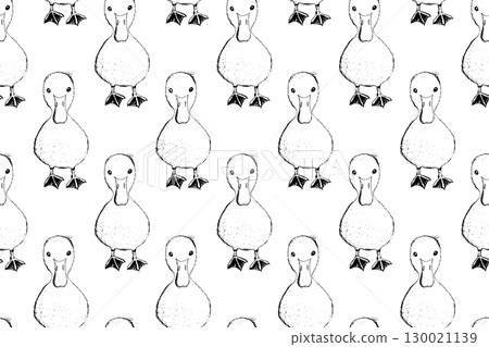 Seamless pattern with funny birds, flowers, leaves. Flat vector illustration with cartoon bird silhouette. Cute duck characters. Design for invitation, poster, card, textile, fabric 130021139