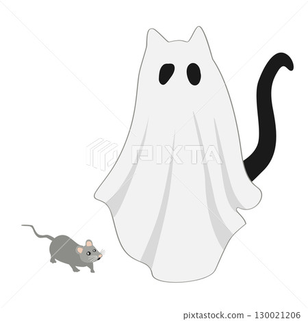 Funny Halloween black cat in white sheet hunting a mouse. Isolated vector illustration 130021206