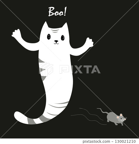 Cartoon kawaii Halloween ghost cat character hunting a mouse. Funny kitten ghost and mice isolated vector illustration. 130021210