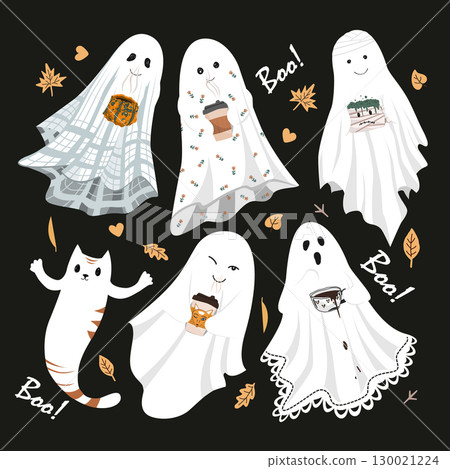 Funny cute sheet ghosts with a hot drinks. Halloween characters collection. Sheet ghost holding a mug illustration set. Vector illustration. Funny cute sheet ghosts with a hot drinks. Halloween characters collection. Sheet ghost holding a mug illustration set. Vector illustration. 130021224
