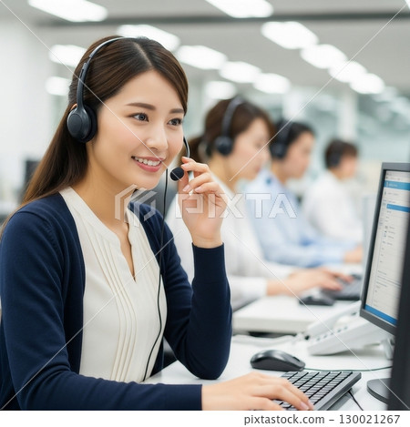 一位年輕的女接線生在辦公室接電話 130021267