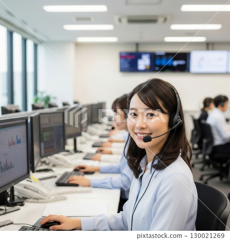 一位年輕的女接線生在辦公室接電話 130021269