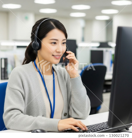一位年輕的女接線生在辦公室接電話 130021270