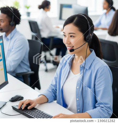 A young female operator answering the phone in the office 130021282