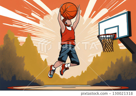A Young Player Makes an Impressive Dunk During a Sunny Outdoor Basketball Game 130021318