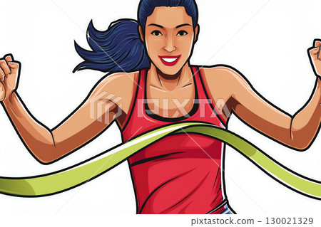 female runner winning a race and breaking the tape. 130021329