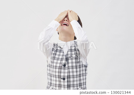 Female office worker crying white background Female office worker crying white background 130021344