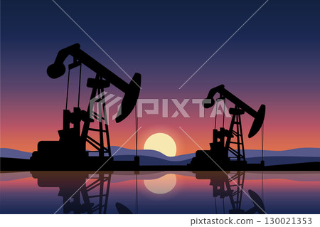 Oil pump jack vector illustration at sunset. 130021353