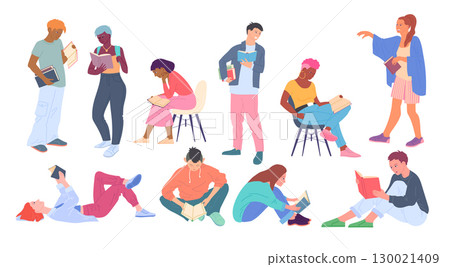 Cartoon Color Characters People Readers with Books Set Literature for Knowledge or Hobby Concept. Vector illustration 130021409