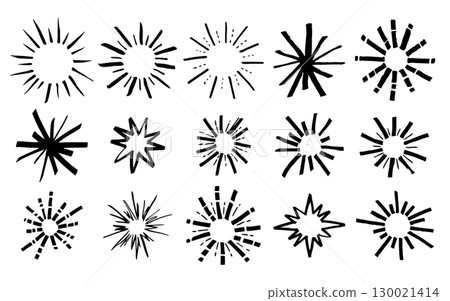 Round Marker Sunburst Different Types Doodle Line Set on a White. Vector illustration of Grunge Stroke Sunbursts Round Marker Sunburst Different Types Doodle Line Set on a White. Vector illustration of Grunge Stroke Sunbursts 130021414