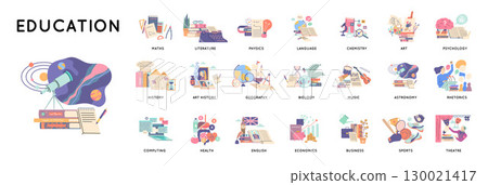 Cartoon Color Education Concept School Subjects Set Flat Design Style. Vector illustration of Biology, Music and Art Cartoon Color Education Concept School Subjects Set Flat Design Style. Vector illustration of Biology, Music and Art 130021417
