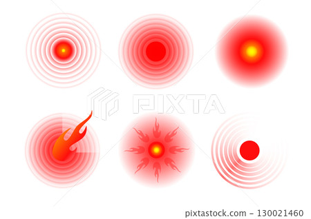 Pain red circle or localization mark, aching place sign, abstract symbol of pain, sore spot or hurt body part marker, design element for painkiller advertisement and medical information posters 130021460