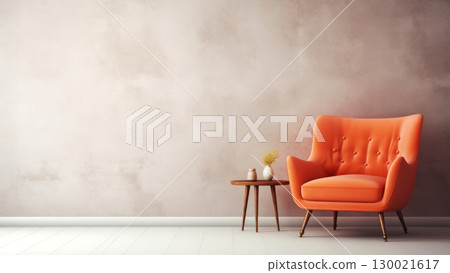 Modern living room with orange armchair and minimalist decor in neutral tones 130021617