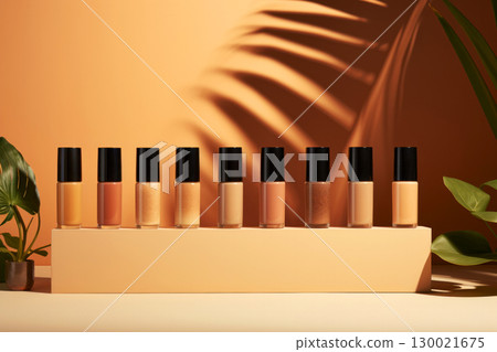 Diverse range of liquid foundations in various skin tones with nature inspired background 130021675